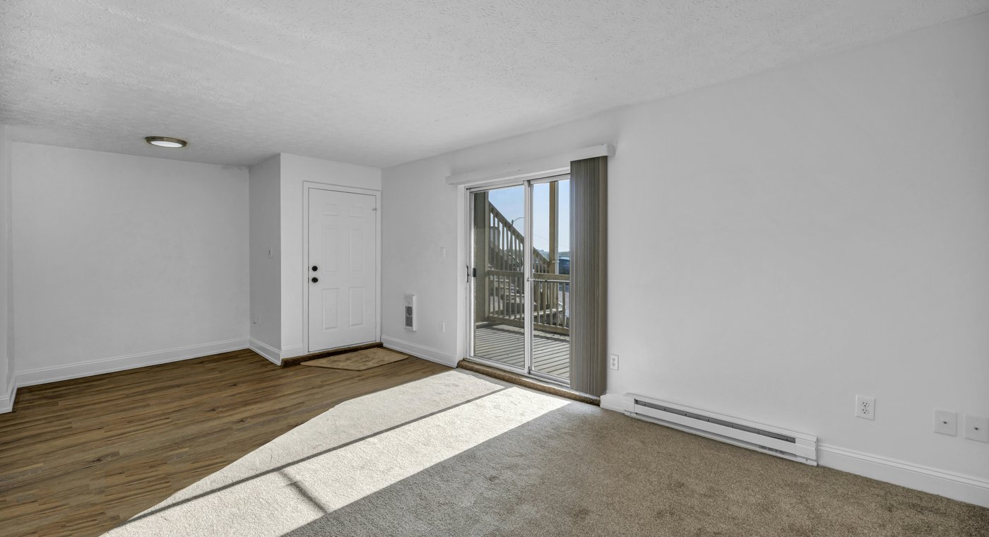 An emptied living room with beige carpet, a six-panel door and a sliding glass door to a deck